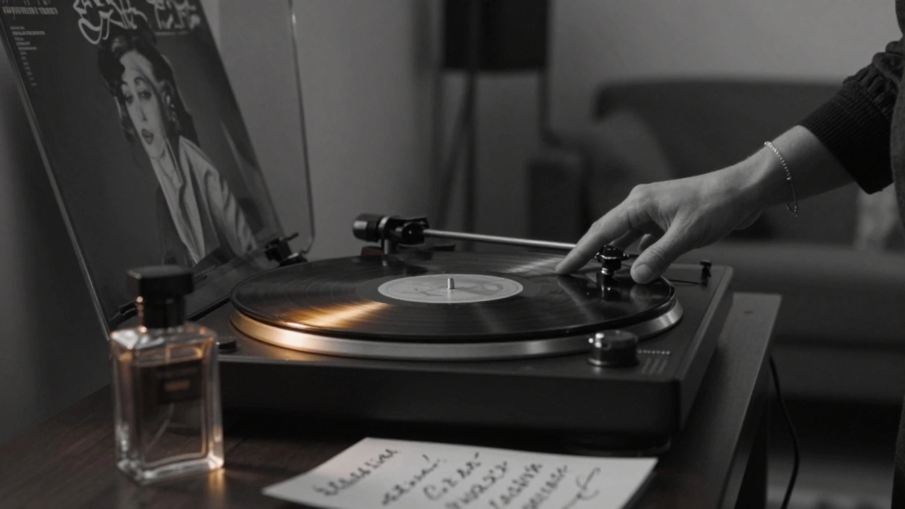 A woman&#039;s hand placing a vinyl record on a turntable, perfume and note beside it in soft light.