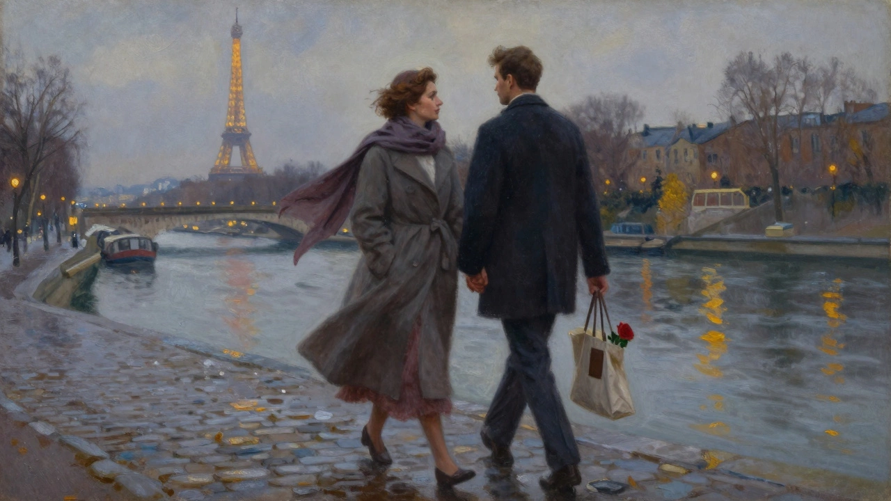 A woman and man walking along the Seine at dusk, reflections on water and Eiffel Tower in distance.