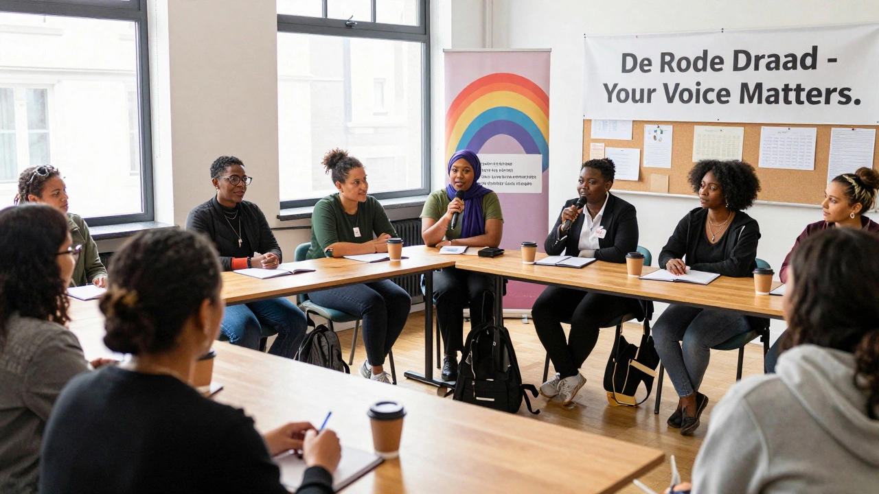 Diverse sex workers in Amsterdam attending a community meeting, listening and speaking with empowerment, natural light streaming in.