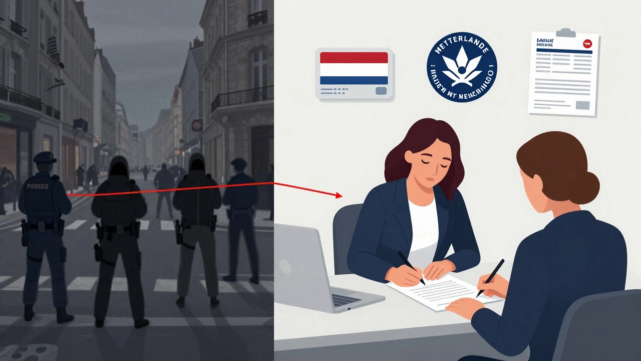 Split illustration: chaotic illegal sex work on left, organized legal work on right, connected by a red thread symbolizing safety and rights.